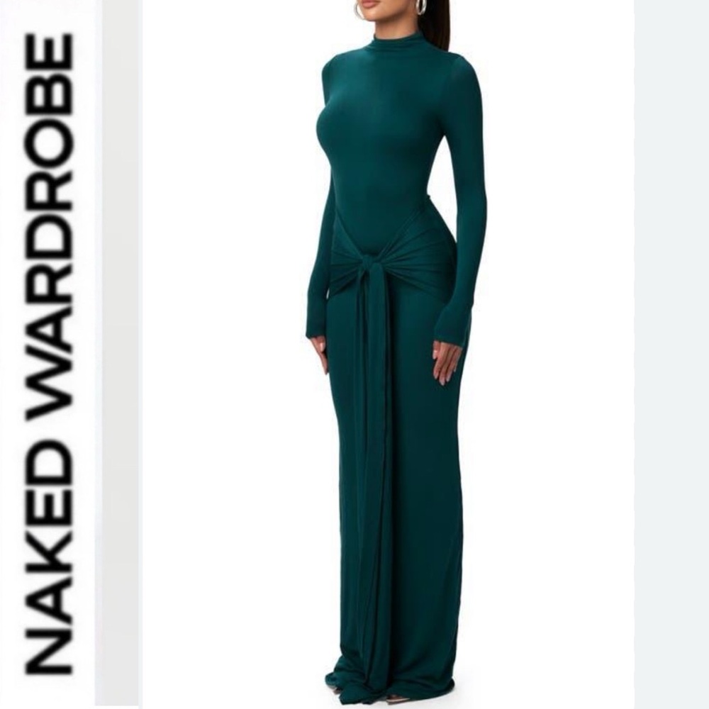 Naked Wardrobe 💚 Long Sleeve Mock Neck Maxi Dress with Front Tie - Teal